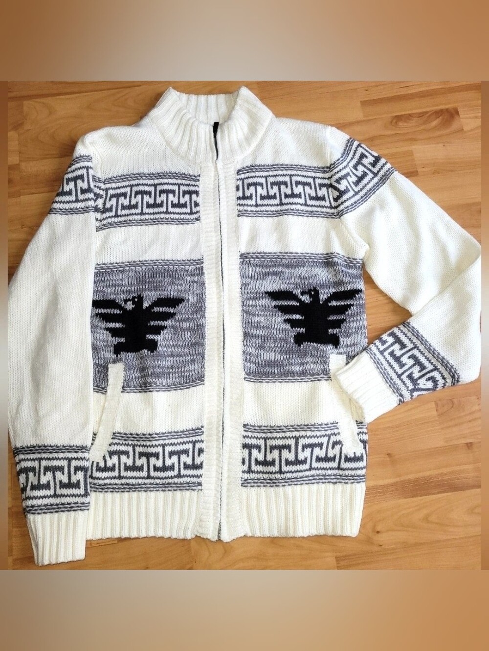 Aztec Eagle Cowichan Sweater Native Thunderbird Cardigan Knit Slim Chunky, Large